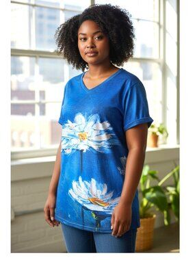 Pixie Lady Painterly Blue Floral Print Short Sleeve V-Neck Tee Size XL EUC